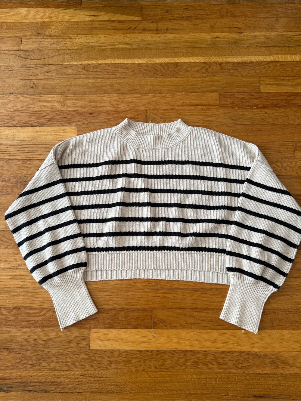 Free People White Crewneck Sweater with Black Stripes
